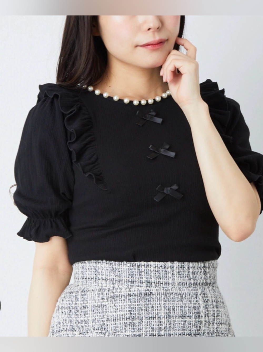 Ank Rouge Pearl-Trim Black Ruffle Sleeve Tee From Japan 🇯🇵